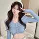 t恤女早秋季 甜辣小众性感露脐短款 打底衫 奶蓝色长袖 上衣配高腰裤