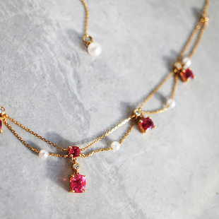 Princsss/天然缅甸热粉尖晶石Akoya珍珠 18k金钻项链/InColor彩定