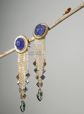 意浓/天然花雕坦桑石耳饰 配彩蓝宝 华丽复古 原创/InColor彩定制