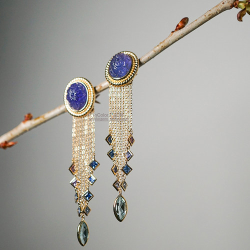 意浓/天然花雕坦桑石耳饰 配彩蓝宝 华丽复古 原创/InColor彩定制