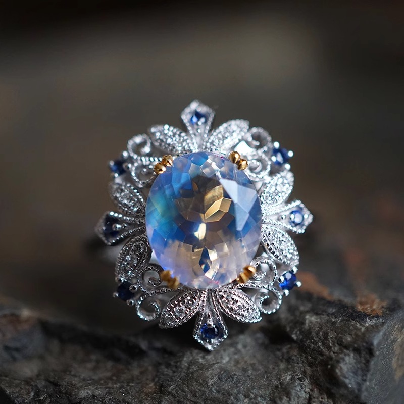 Elsa/天然刻面月光石戒指 18k金钻蓝宝石 原创设计/InColor彩定制