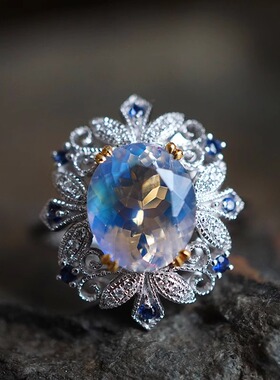 Elsa/天然刻面月光石戒指 18k金钻蓝宝石 原创设计/InColor彩定制