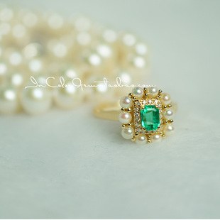 翠珠/天然哥伦比亚祖母绿戒指 18k配钻珍珠 原款制/InColor彩定制