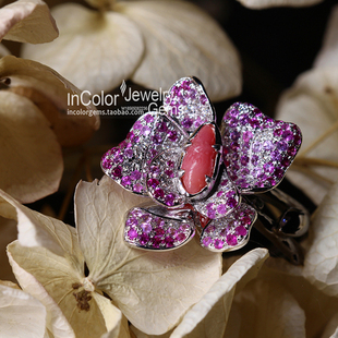 花一朵/天然孔克珠海螺珠戒指 k金钻石彩宝 原创款/InColor彩定制