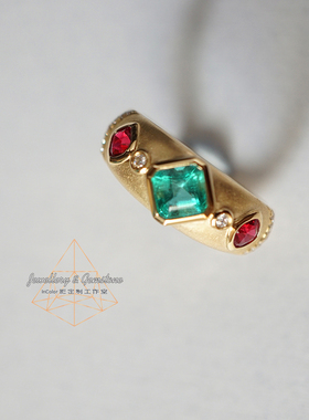 浮时/天然祖母绿尖晶石撞色戒指 k金配钻 原创/InColor彩定制