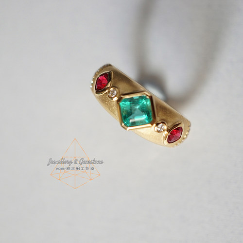 浮时/天然祖母绿尖晶石撞色戒指 k金配钻 原创/InColor彩定制