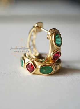 浮时/天然祖母绿红尖晶石耳环 k黄配钻 原创/InColor彩定制