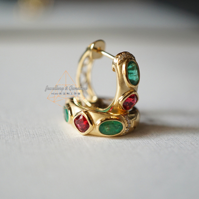 浮时/天然祖母绿红尖晶石耳环 k黄配钻 原创/InColor彩定制