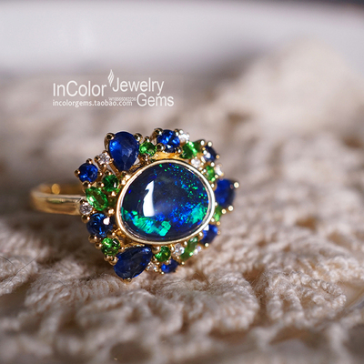 天然戒指18k金钻石黑欧泊定制