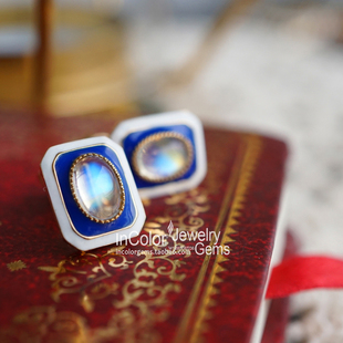 尝试/天然异色月光石珐琅耳钉 18k金原创/InColor彩定制