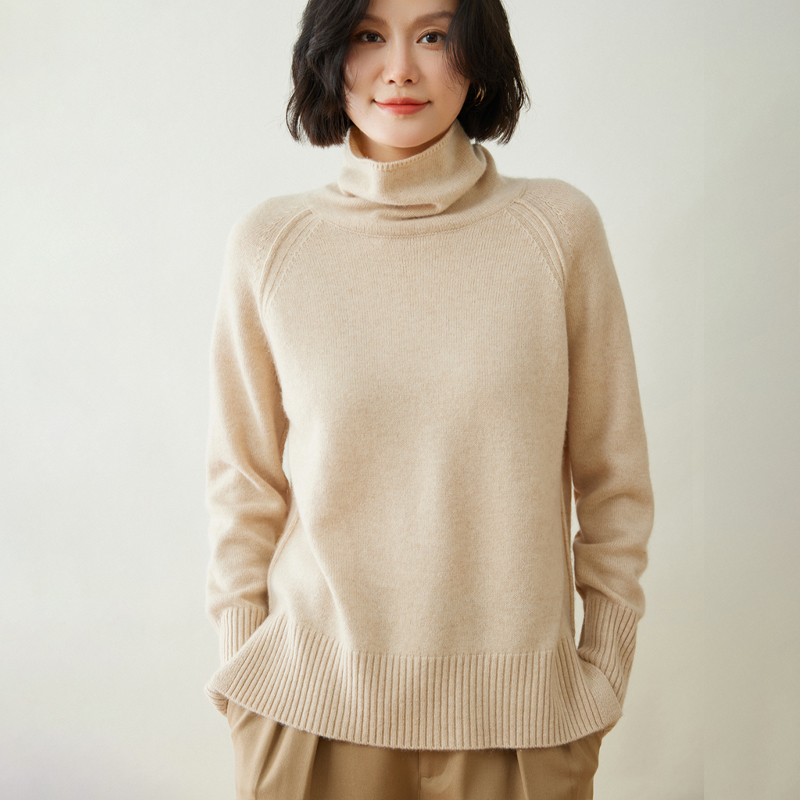 堆堆领羊绒衫女加厚毛衣宽松插肩袖开叉双股加厚针织衫套头打底衫