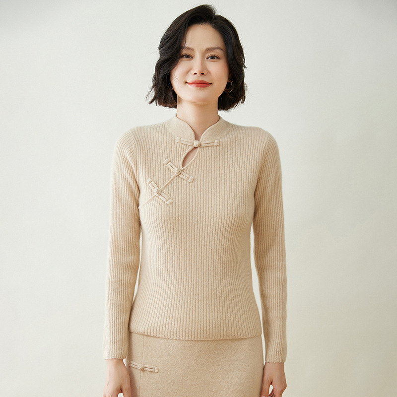 新款100%纯山羊绒衫女抽条中式盘扣毛衣半高领套头修身针织打底衫