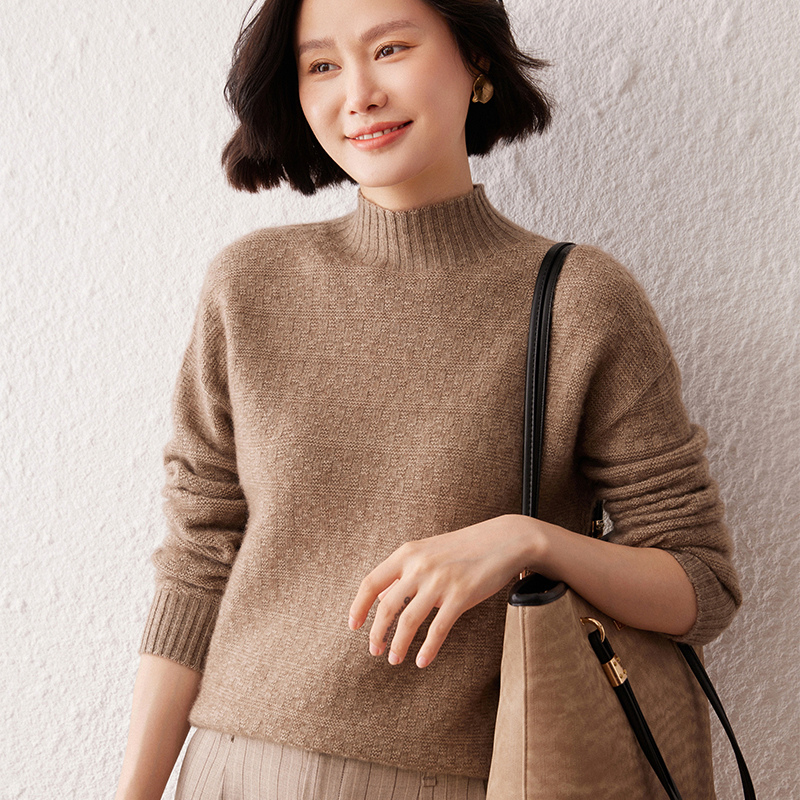 秋冬新款山羊绒衫女半高领一线成衣宽松毛衣正反针加厚针织打底衫