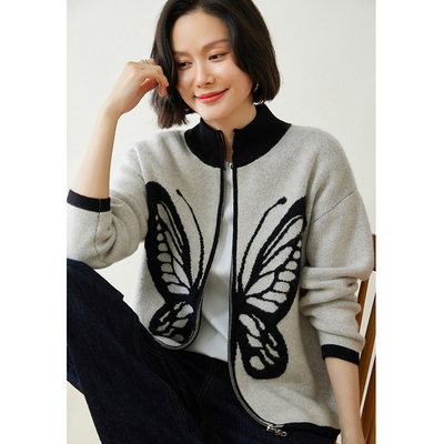 100纯山羊绒外套女拉链半高领毛衣加厚针织衫羊毛开衫蝴蝶短外套