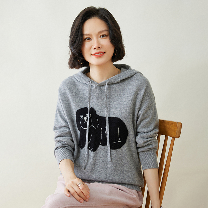 2024新款100纯山羊绒软女连帽糯慵懒风宽松提花小狗针织打底衫