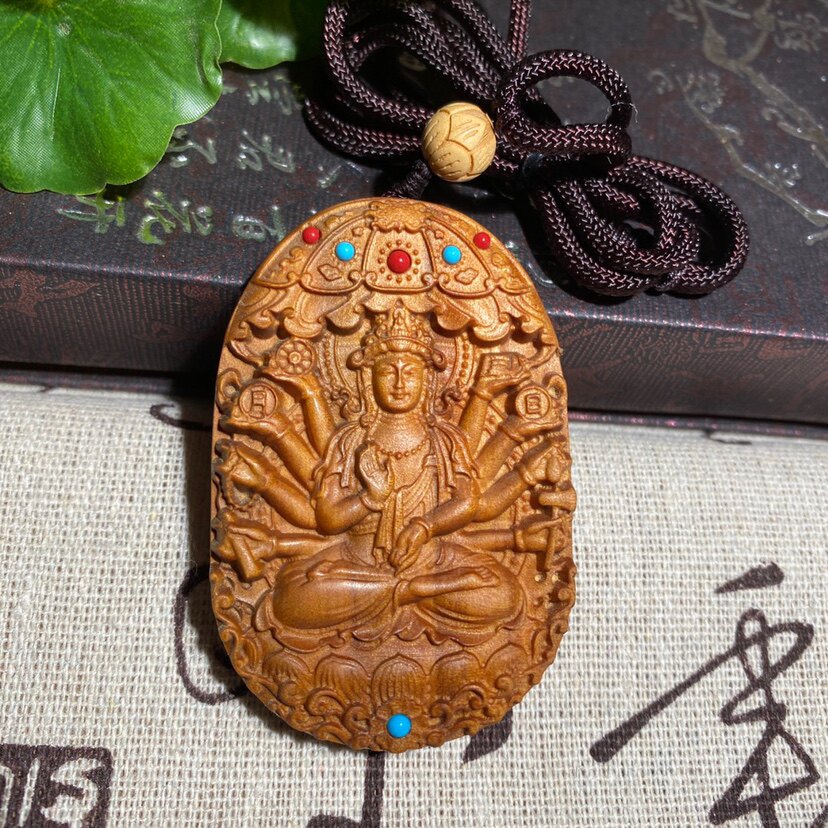 印度迈索尔老山檀香木雕十二生肖守护神千手观音挂牌项链吊坠车挂
