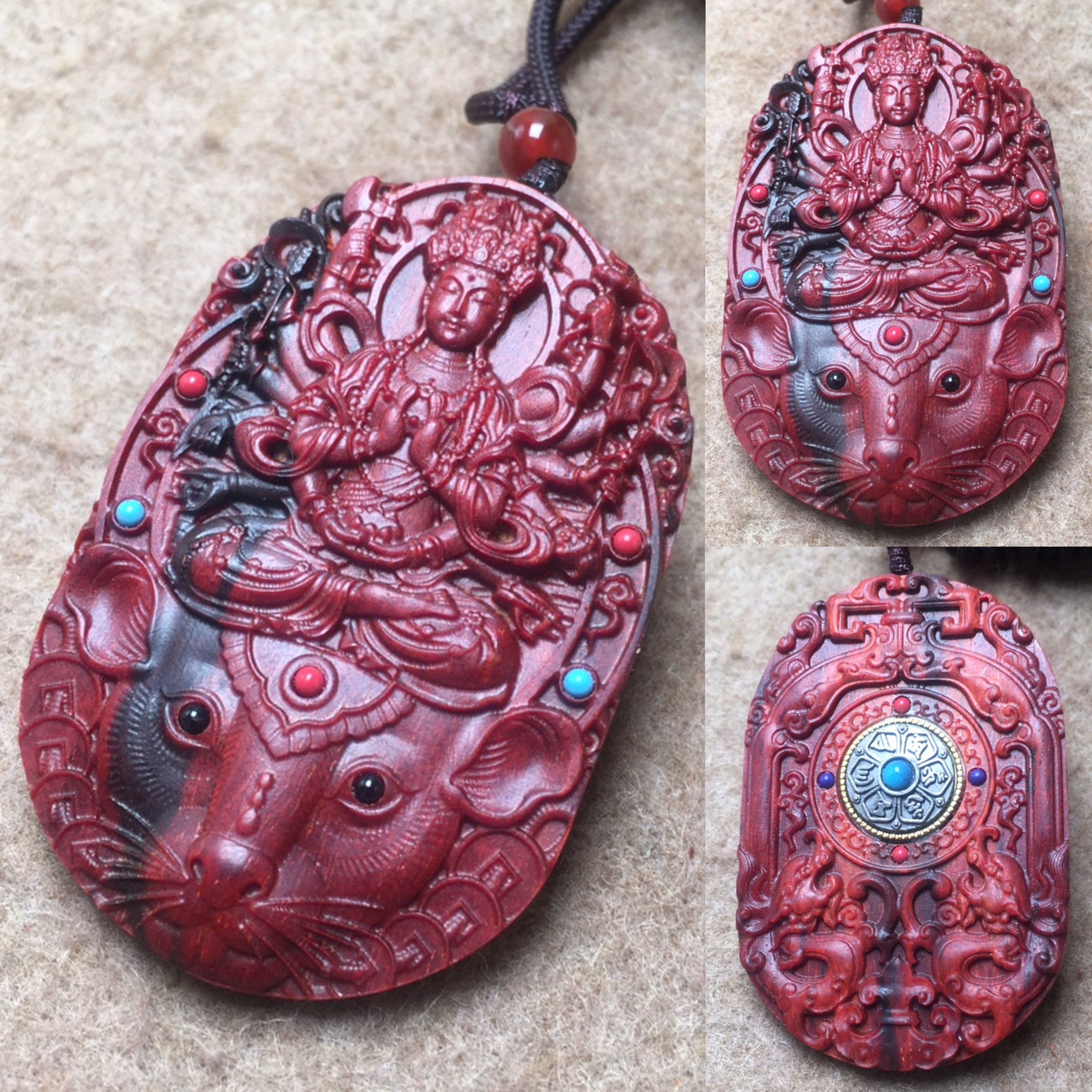印度小叶紫檀木雕千手观音生肖鼠守护神项链吊坠红木本命佛牌挂件