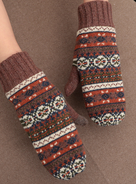 日本冬季加绒加厚保暖针织复古文艺范连指全包闷子情侣羊毛女手套