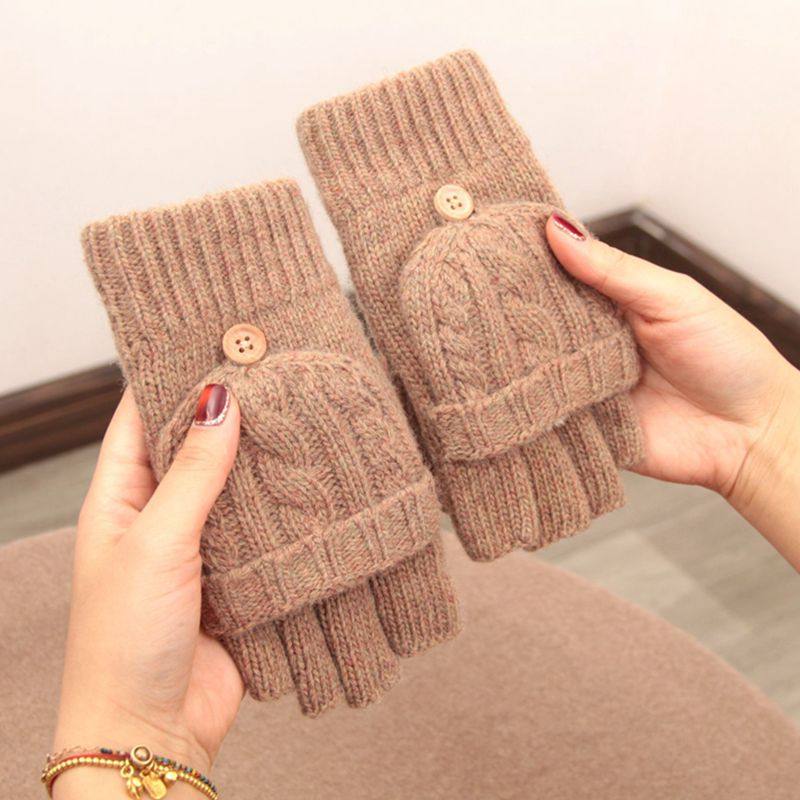 日本原单加绒加厚半指翻盖羊毛针织麻花男女学生写字户外防寒手套