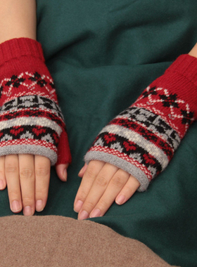 韩版羊毛半指保暖复古百塔文艺女生冬季防寒露指手套开车条纹手套