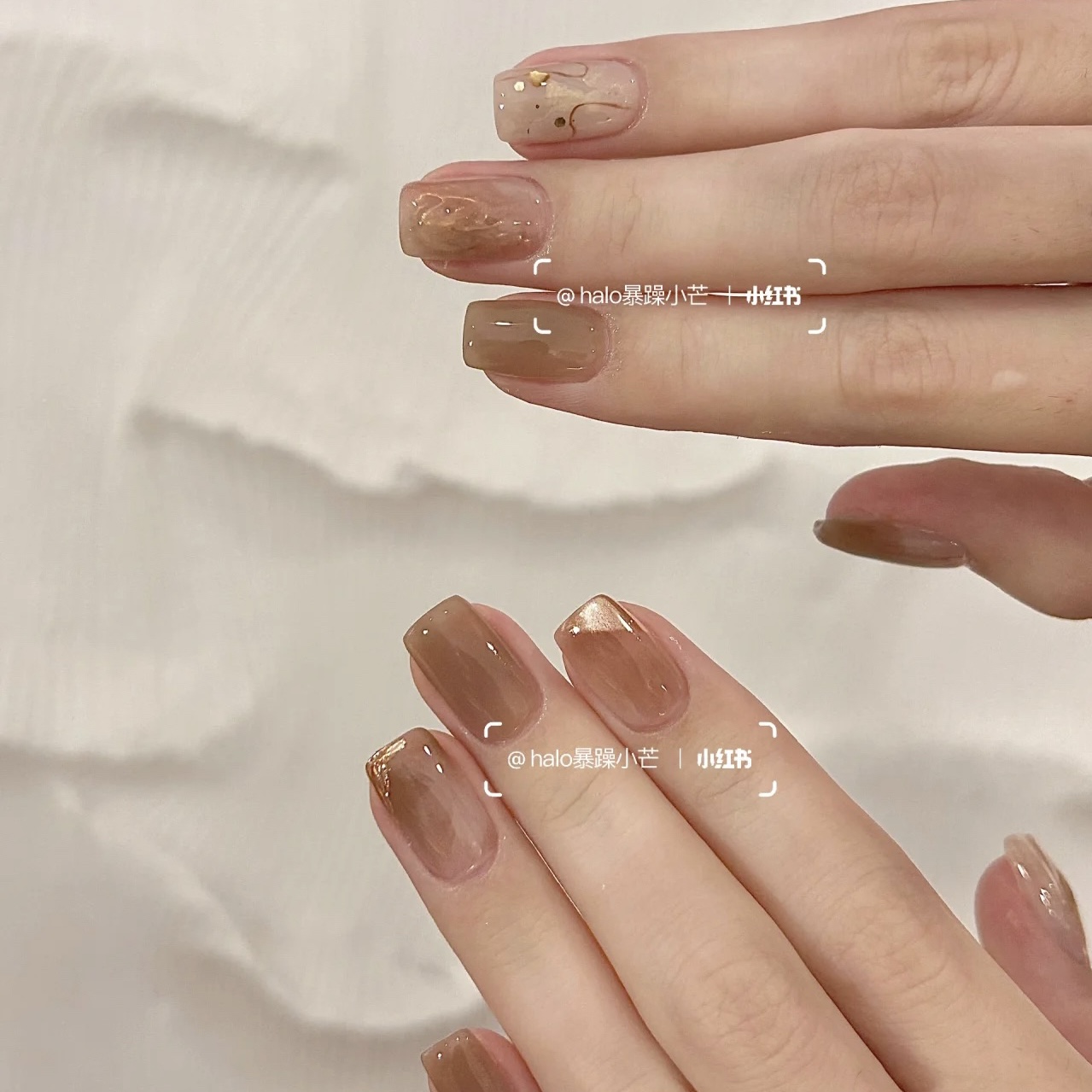 纯手工光疗穿戴甲偏棕晕染魔镜粉