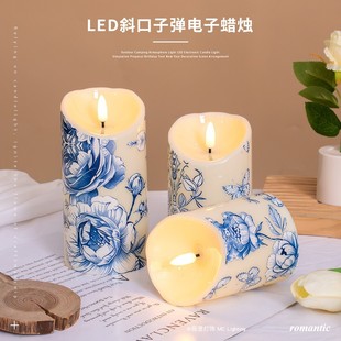 复古牡丹青花贴花仿真火焰蜡烛灯遥控氛围小夜灯婚礼剧本杀道具