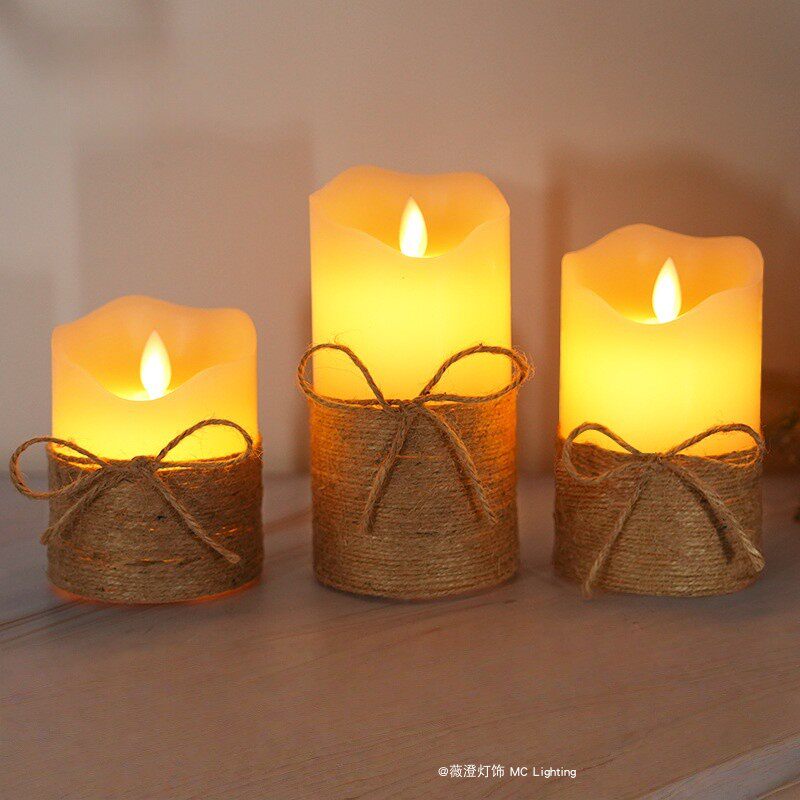 复古麻绳暖光电子蜡烛灯遥控充电餐桌浪漫气氛道具仿真火焰小夜灯