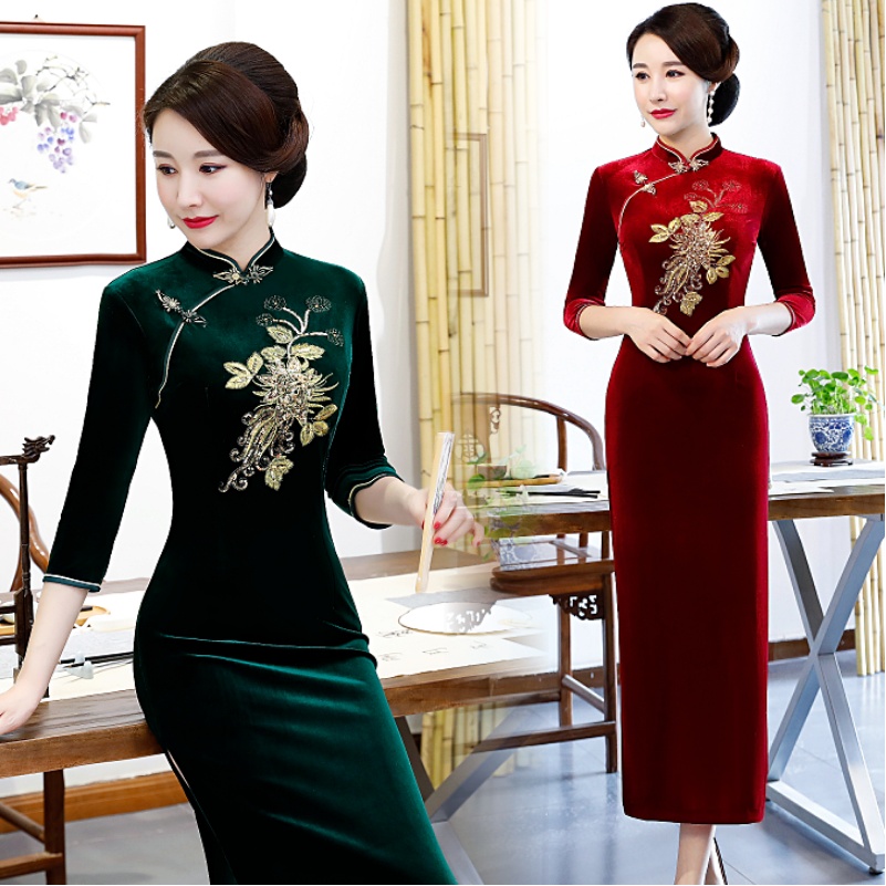 券后225.00元金丝绒旗袍秋冬季2019新款女手工订珠妈妈装端庄大气宴会礼服长款