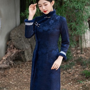 中式旗袍2025新款冬季加绒加厚高级感长袖气质中长款小个子连衣裙
