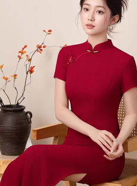大码新中式短袖旗袍女春夏装结婚红色连衣裙2026新款日常修身长款