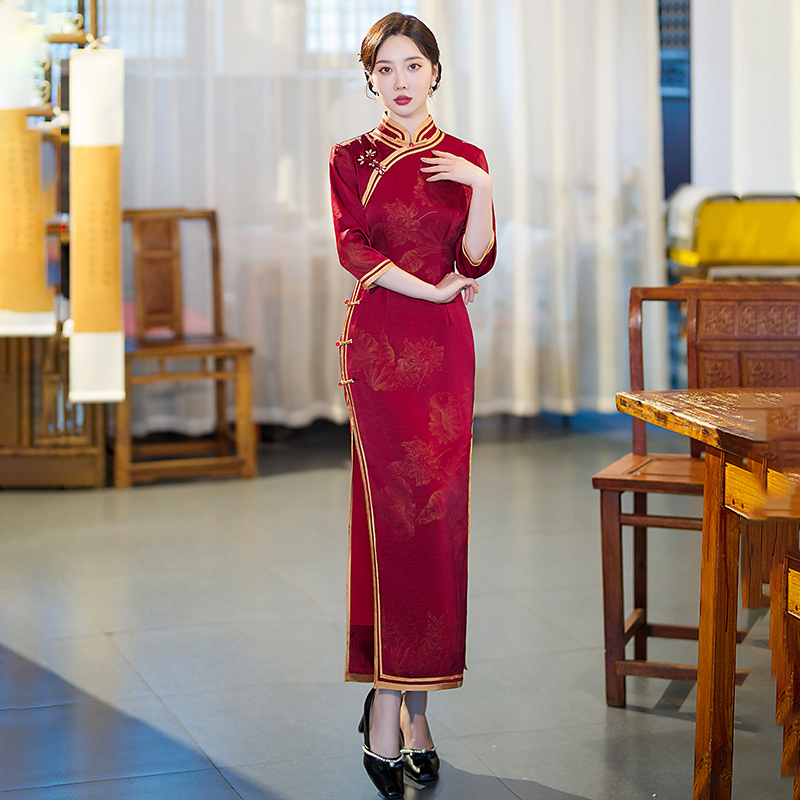 老上海七分袖旗袍2022秋冬新款修身复古改良中国风妈妈装走秀长款