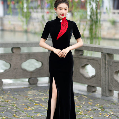 金丝绒旗袍裙2023新款高雅气质舞台走秀舞蹈形体礼仪服140长款女
