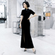 黑色旗袍秋女年轻款 气质改良连衣裙中国风鱼尾形体晚礼服走秀长款