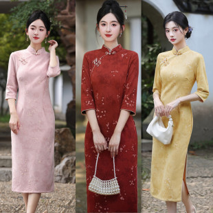 麂皮绒旗袍2025新款中式绝美日常连衣裙年轻少女国风长袖小个子秋