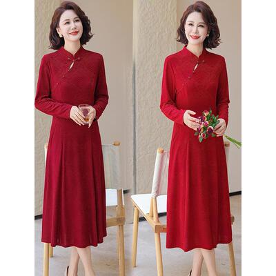 2025新款妈妈装秋冬装加厚旗袍连衣裙洋气喜婆婆中老年女装