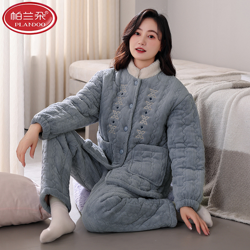 帕兰朵冬季睡衣女士套装三层夹棉加厚保暖舒适2025年女款御寒锁温