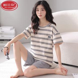 帕兰朵特价100%纯棉睡衣女士2025新款薄款休闲短袖短裤家居服套装