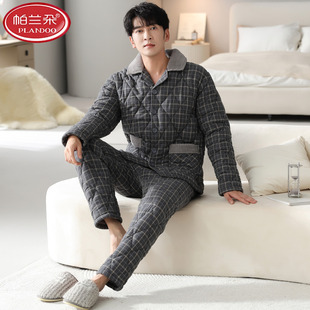 帕兰朵睡衣男士冬季三层加厚加绒纯棉夹棉男款秋冬珊瑚绒棉袄冬款