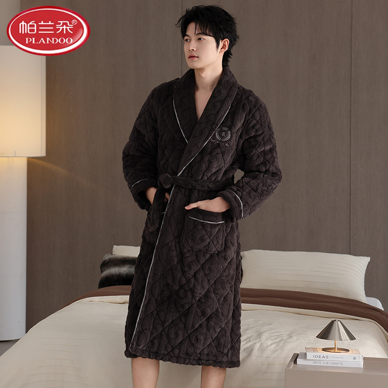 帕兰朵男士睡衣秋冬季珊瑚绒三层加厚加绒夹棉袄秋法兰绒长款睡袍
