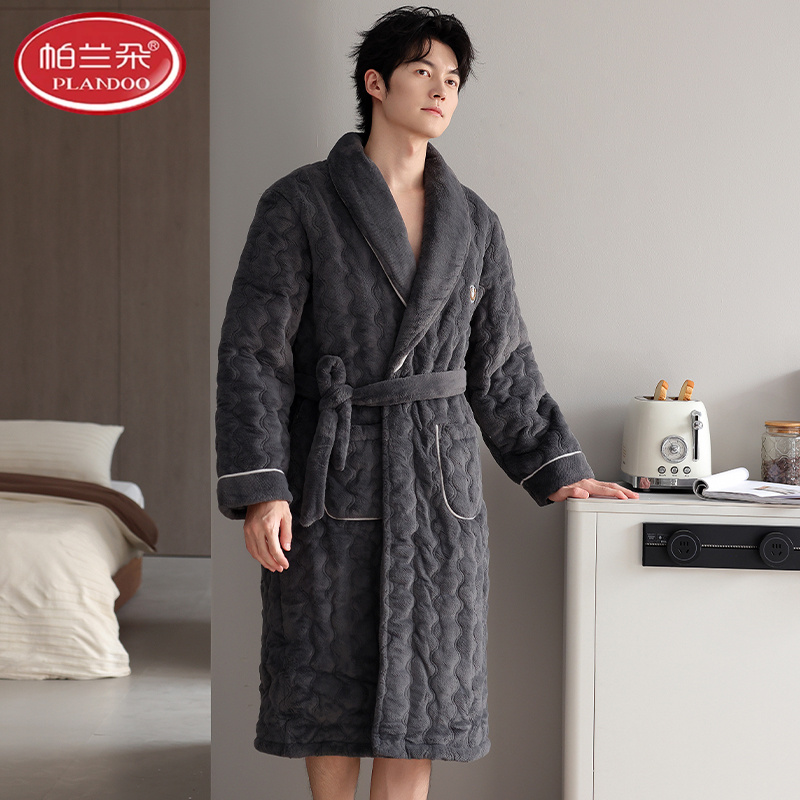 帕兰朵男士睡衣秋冬季珊瑚绒三层加厚加绒夹棉袄秋法兰绒长款睡袍