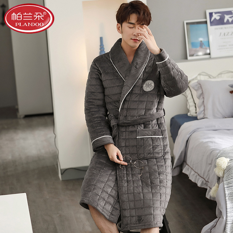 帕兰朵男士睡衣秋冬季珊瑚绒三层加厚加绒夹棉袄秋法兰绒长款睡袍