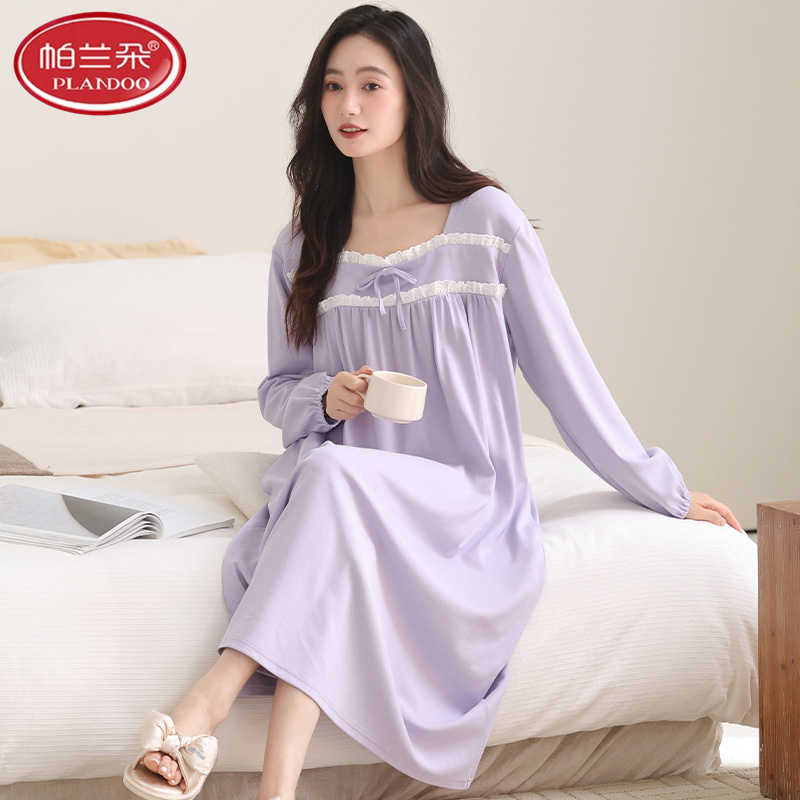 帕兰朵睡裙女春秋款纯棉拉架长袖2025新款爽棉睡衣可外穿家居服裙