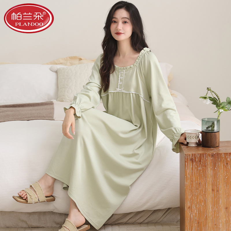 帕兰朵睡裙女春秋款纯棉拉架长袖2025新款爽棉睡衣可外穿家居服裙