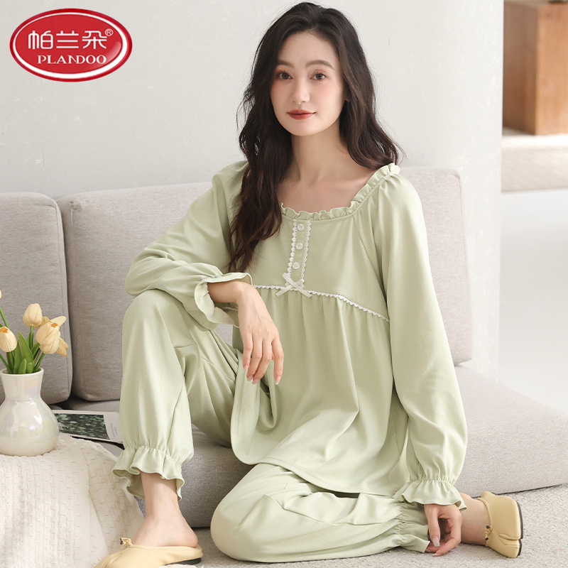 帕兰朵睡衣女款春秋季纯棉拉架爽棉公主风长袖甜美宽松家居服套装