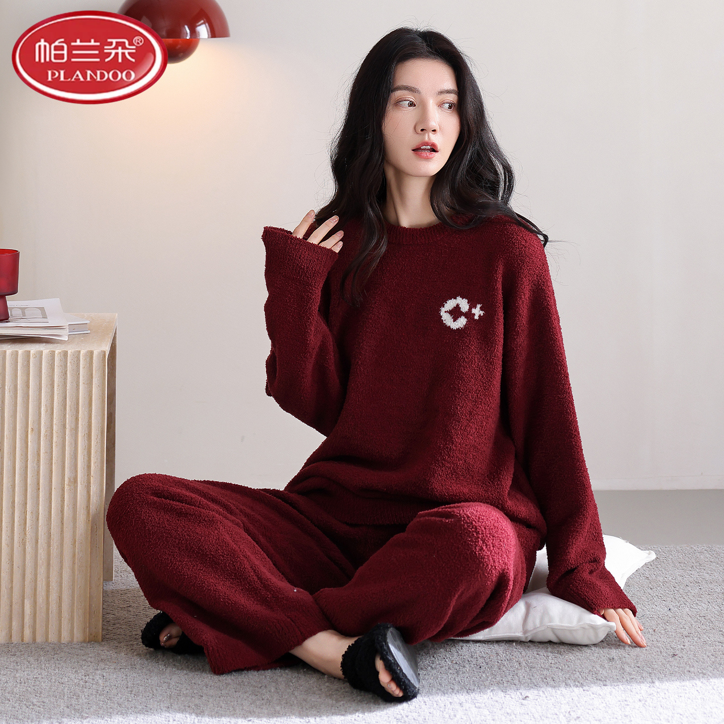 帕兰朵半边绒睡衣冬季红色加厚珊瑚绒本命年女士家居服秋冬天套装