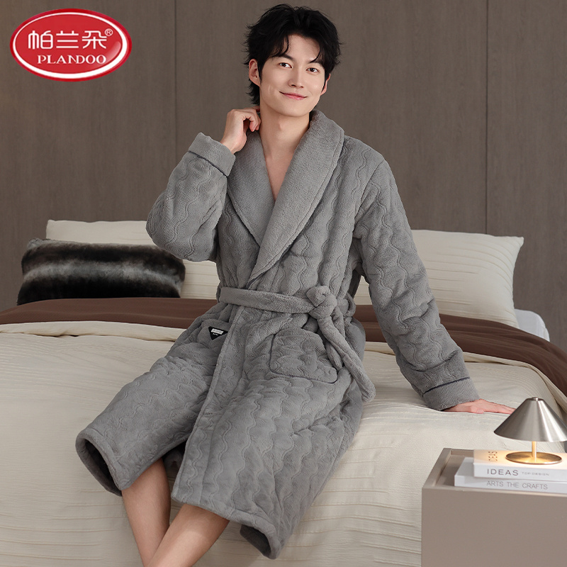 帕兰朵男士睡衣秋冬季珊瑚绒三层加厚加绒夹棉袄秋法兰绒长款睡袍