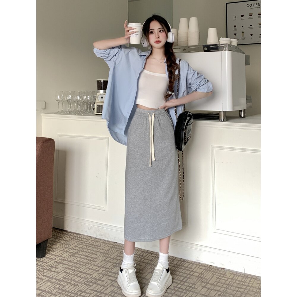 实拍 面纯棉华棉 2026秋装半身裙女开叉显瘦显高裙子女口袋