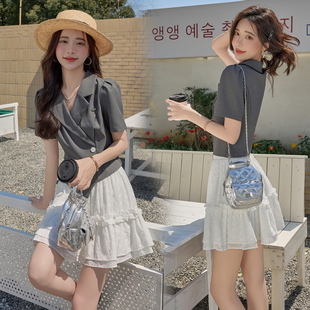 春夏季法式小香风裙子套装女显瘦气质短袖西装蓬蓬裙两件套小个子