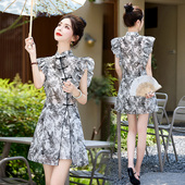 国风套装 女穿搭新款 2025夏装 新中式 碎花盘扣立领旗袍裙短裤 两件套