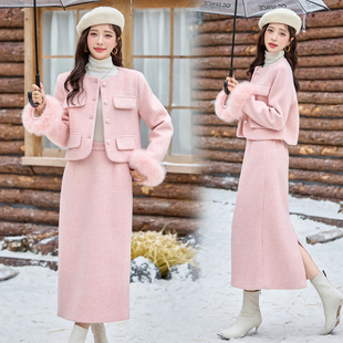 富家千金小香风套装裙羽绒服女2025新款冬装毛呢半身裙两件套轻奢